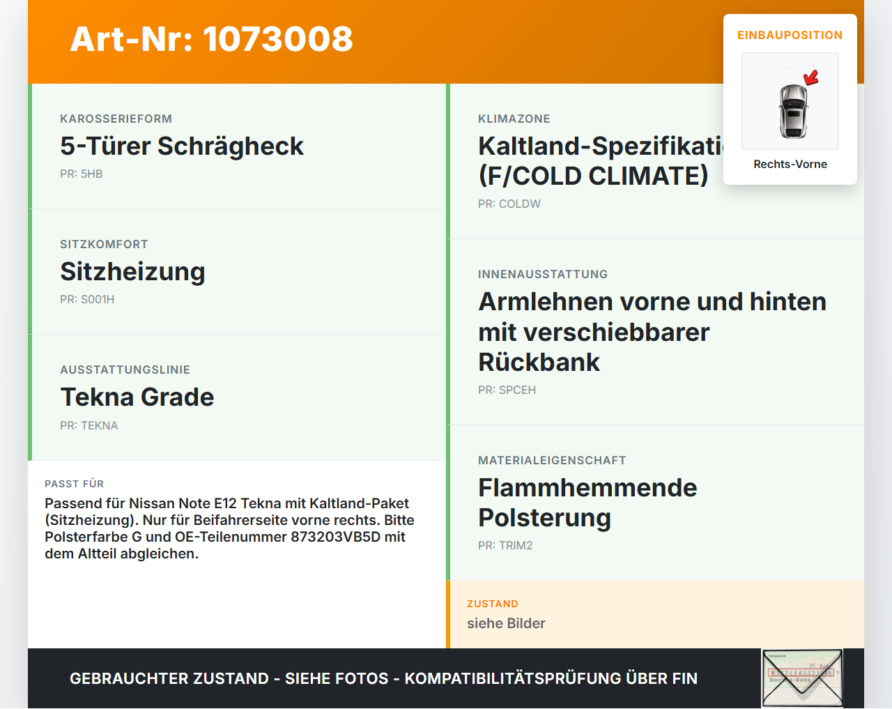 Nissan Note E12 13-17 5T Sitzbezug Sitzpolster für Beifahrersitz Rechts Vorne beheizt Nissan Note E12 13-17... Vorschau 3