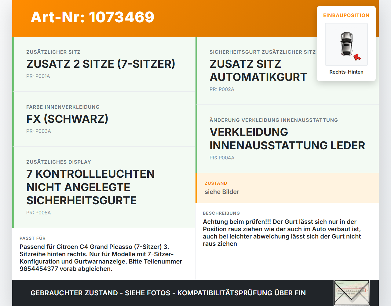 Citroen C4 Grand Picasso 06-10 Van Van Gurt Sicherheitsgurt Rechts Hinten 3te Reihe Citroen C4 Grand Picasso 06-10... Vorschau 3