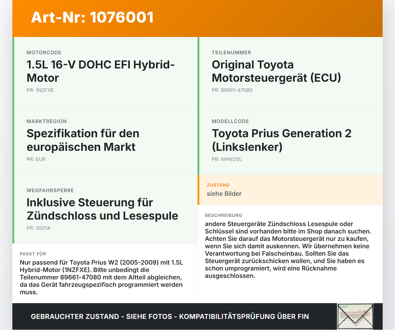 Toyota Prius W2 II 05-09 1,5 57KW Steuergerät ECU für Motor Motorsteuergerät Toyota Prius W2 II 05-09 01.07.2004... Vorschau 3