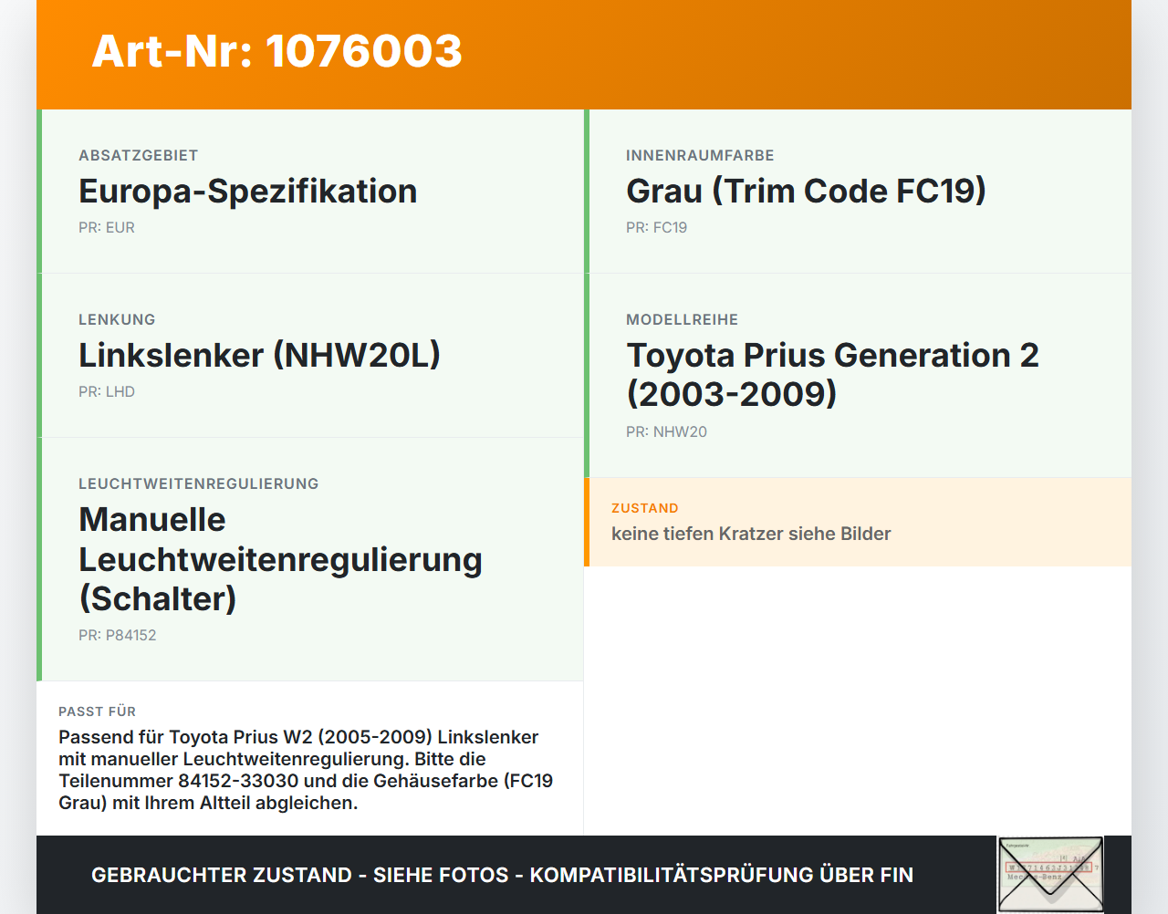 Toyota Prius W2 II 05-09 LWR Schalter Leuchtweitenregler Toyota Prius W2 II 05-09 01.07.2004 8415233030 gebraucht Vorschau 3