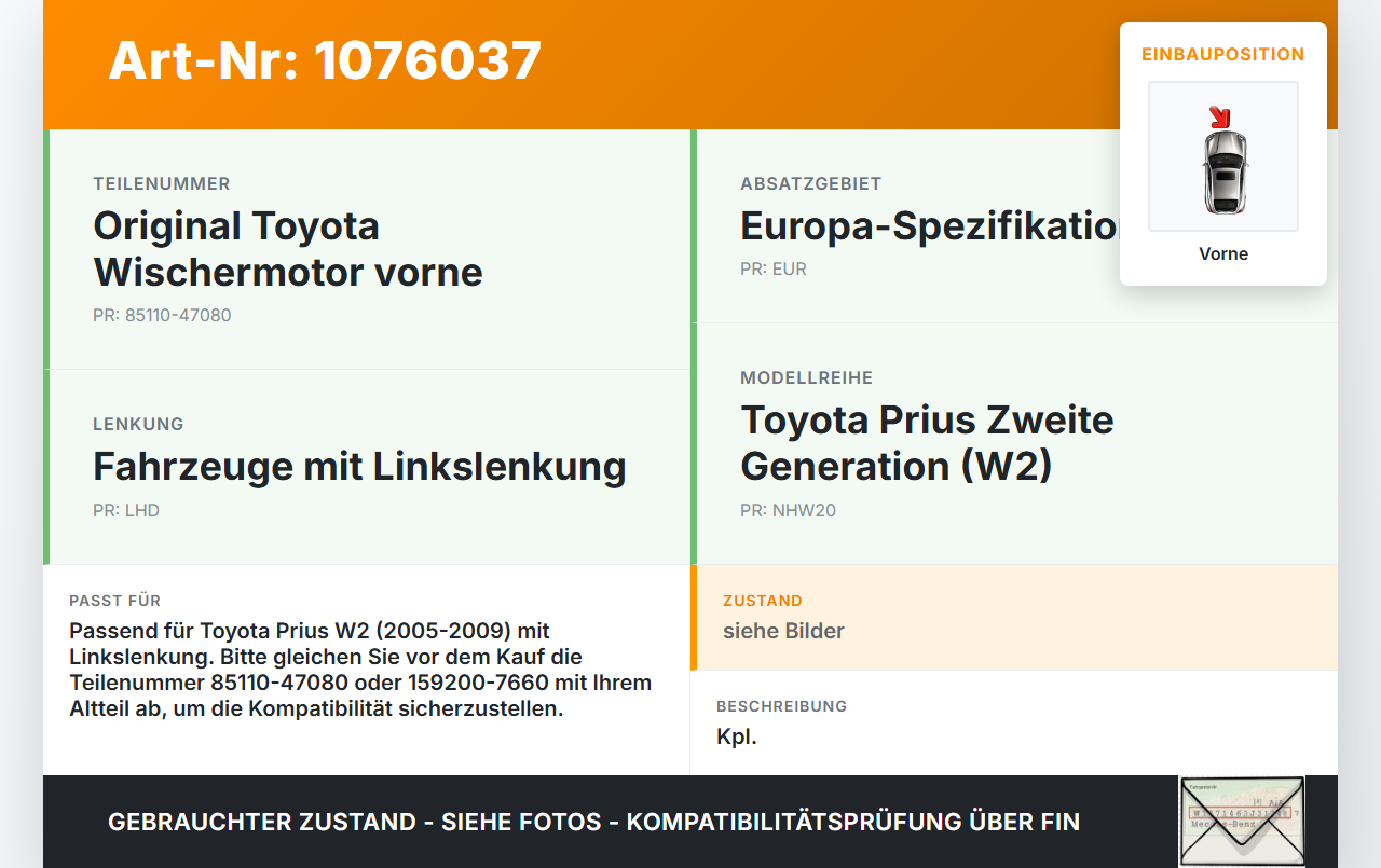 Toyota Prius W2 II 05-09 Wischermotor mit Wischergestänge Vorne Toyota Prius W2 II 05-09 01.07.2004 8511047080... Vorschau 3
