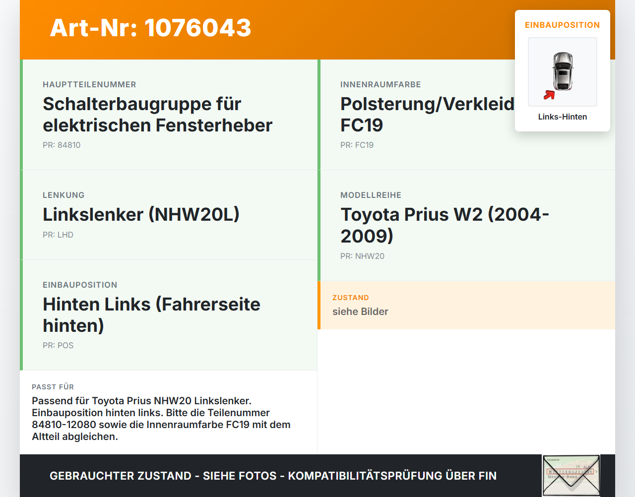 Toyota Prius W2 II 05-09 5T Fensterheberschalter Schalter Links Hinten Toyota Prius W2 II 05-09 01.07.2004... Vorschau 3