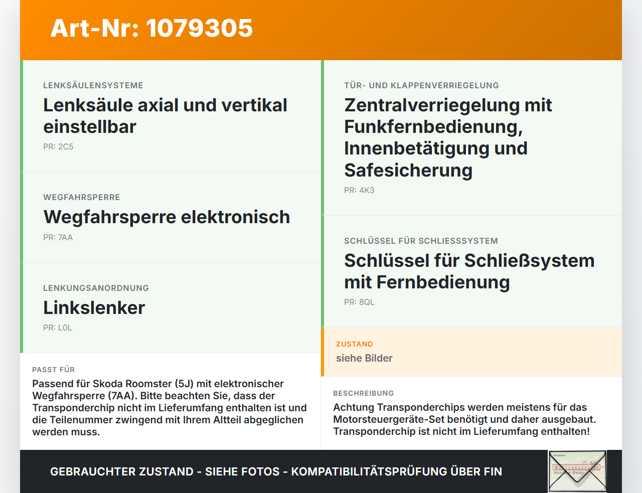 Skoda Roomster 5J 5J7 10-15 Lenkradschloss Lenkradriegel Wegfahrsperre Skoda Roomster 5J 5J7 10-15 09.09.2011 gebraucht Vorschau 3