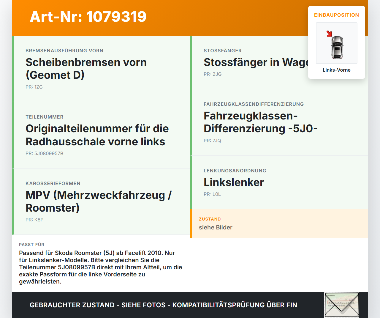 Skoda Roomster 5J 5J7 10-15 Verkleidung Radhausschale Links Vorne für Kotflügel Skoda Roomster 5J 5J7 10-15... Vorschau 3