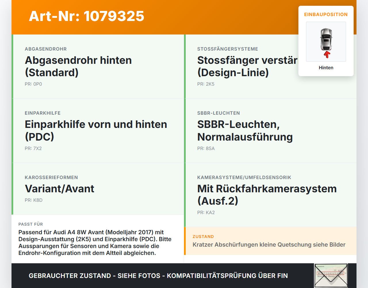 Audi A4 8W 15-19 Kombi Stoßstange Stoßfänger Heckstosstange Hinten LY9T Audi A4 8W 15-19 27.06.2016 gebraucht Vorschau 3