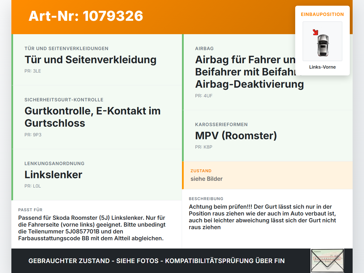 Skoda Roomster 5J 5J7 10-15 Kombi Gurt Sicherheitsgurt m. Gurtstraffer für Fahrer Links Vorne Skoda Roomster 5J 5J7... Vorschau 3