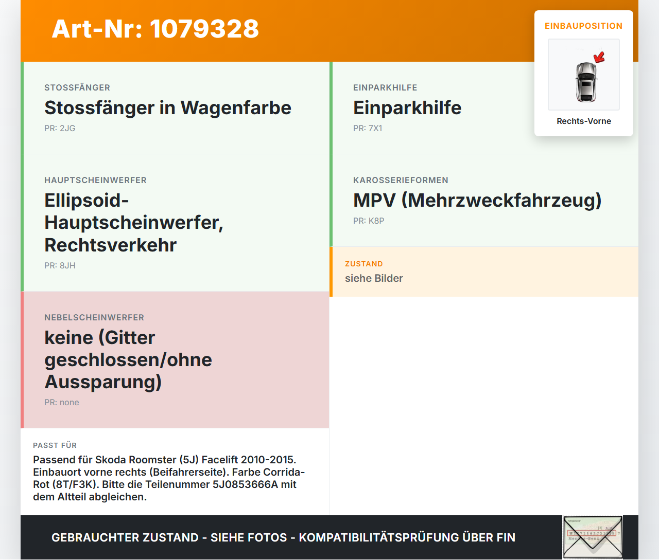 Skoda Roomster 5J 5J7 10-15 Lufteinlassgitter für Stoßstange Stoßfänger Rechts Vorne LF3K Skoda Roomster 5J 5J7... Vorschau 3
