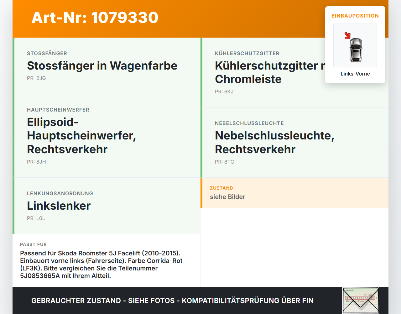 Skoda Roomster 5J 5J7 10-15 Lufteinlassgitter für Stoßstange Stoßfänger Links Vorne LF3K Skoda Roomster 5J 5J7... Vorschau 3