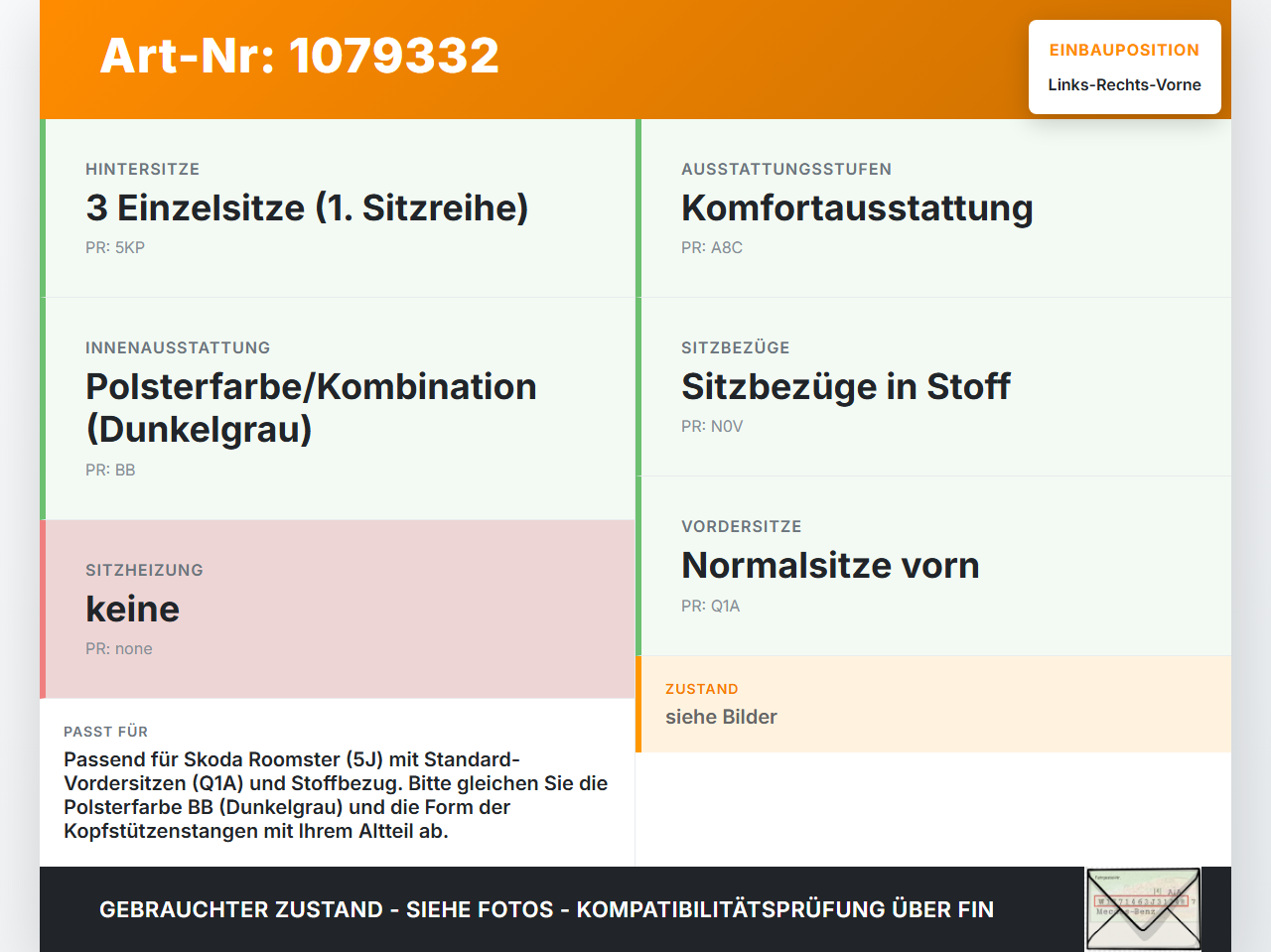 Skoda Roomster 5J 5J7 10-15 Kopfstütze für Fahrer Sitz Rechts oder Links Vorne Skoda Roomster 5J 5J7 10-15... Vorschau 3