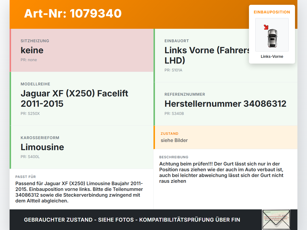 Jaguar XF X250 11-15 Lim Gurt Sicherheitsgurt Links Vorne Jaguar XF X250 11-15 25.06.2012 9X23-F611B09-AD8PVJ... Vorschau 3