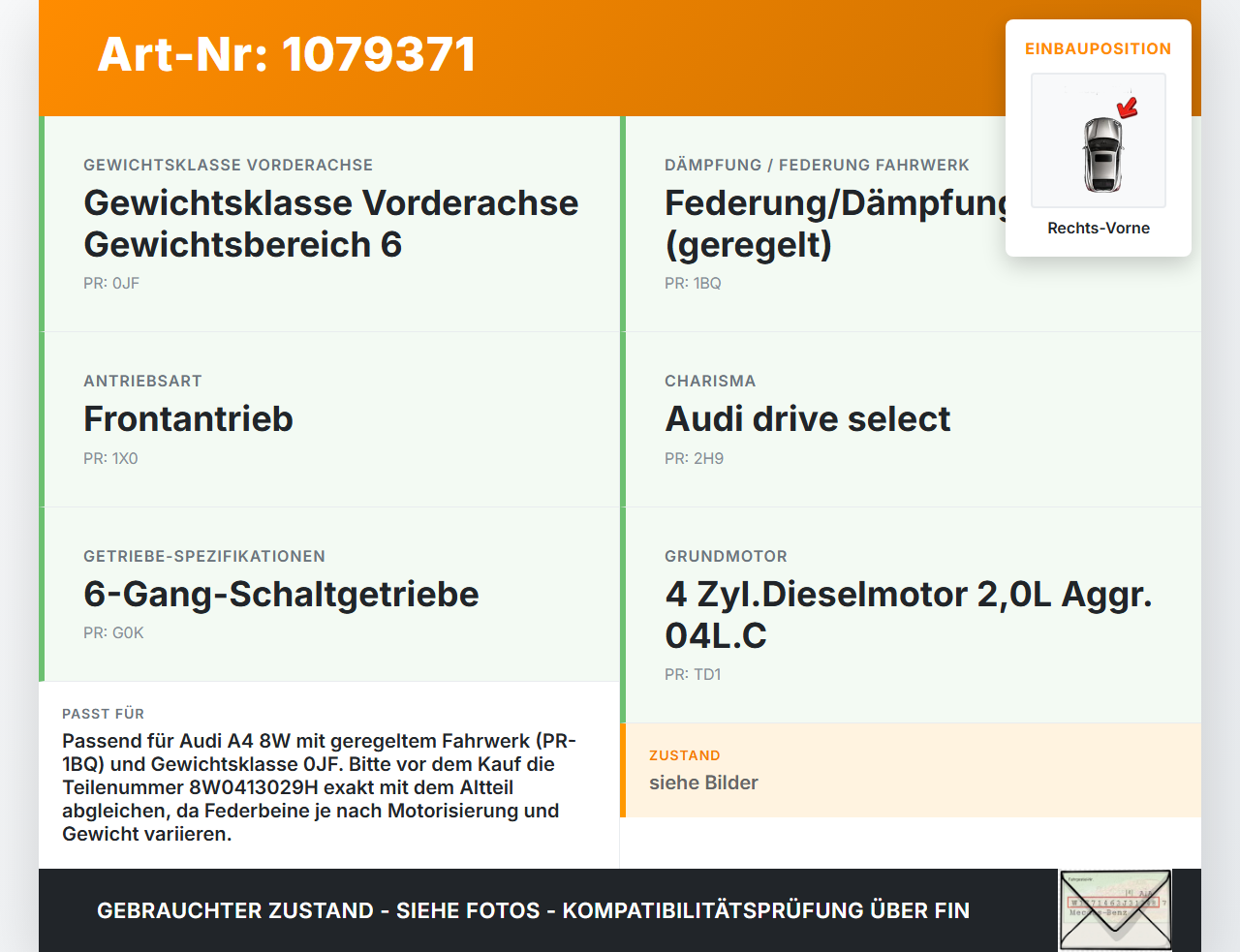 Audi A4 8W 15-19 Kombi Federbein Stossdämpfer Vorne Rechts Audi A4 8W 15-19 27.06.2016 8W0413029H 482400010861 gebraucht Vorschau 3