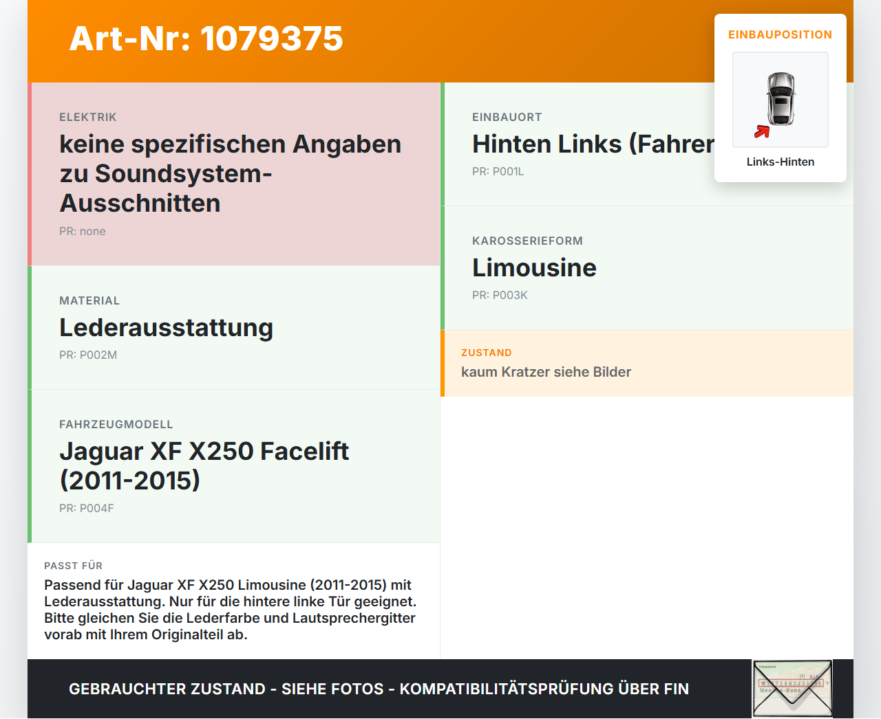 Jaguar XF X250 11-15 Lim Türverkleidung Türpappe Links Hinten Leder Jaguar XF X250 11-15 25.06.2012 gebraucht Vorschau 3