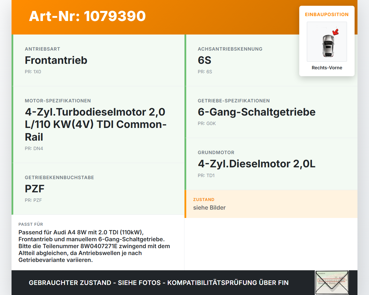 Audi A4 8W 15-19 TDI 2,0 110KW Antriebswelle Gelenkwelle Rechts Vorne Audi A4 8W 15-19 27.06.2016 8W0407271E gebraucht Vorschau 3