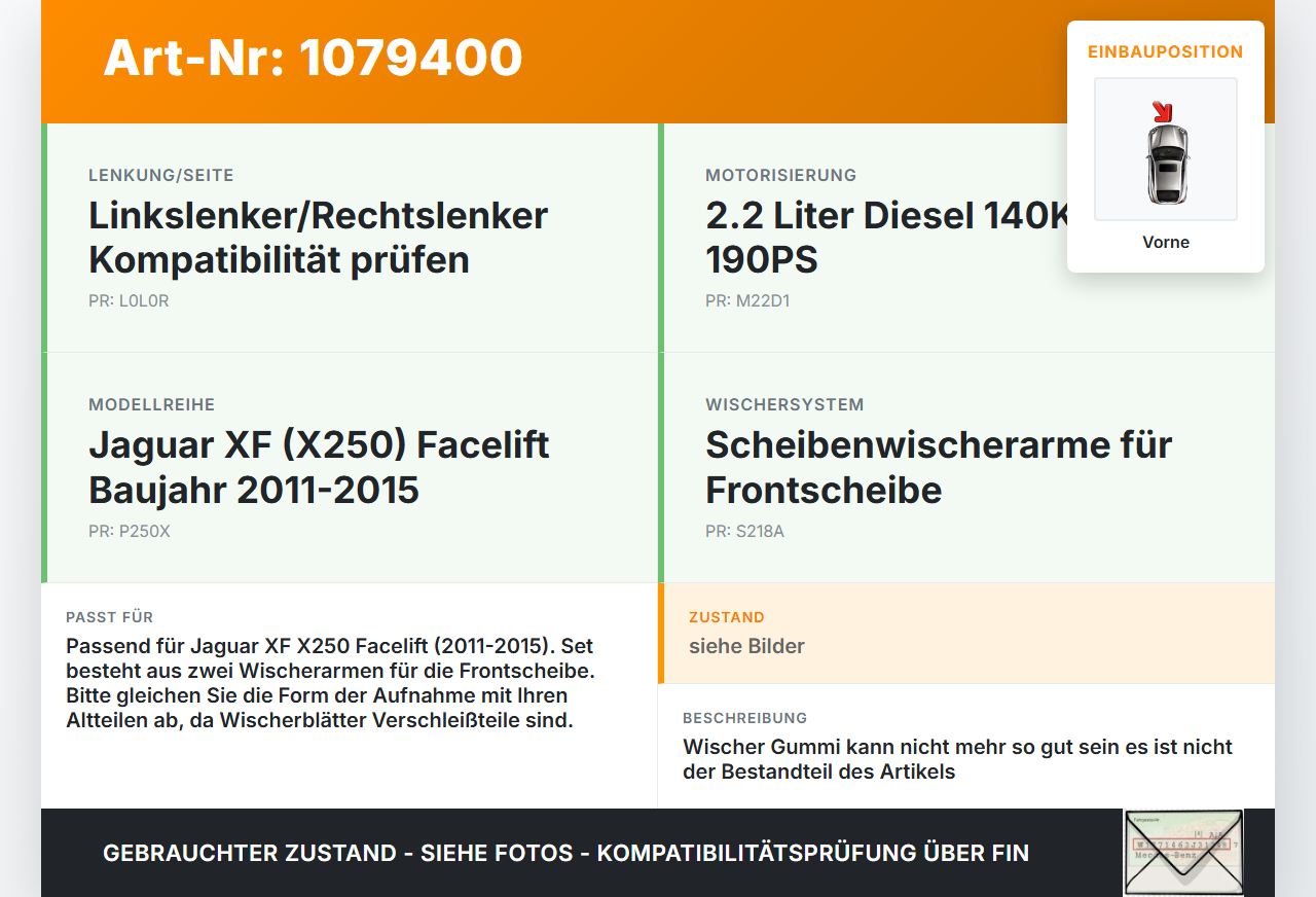 Jaguar XF X250 11-15 2x Scheibenwischer Wischarm Vorne Jaguar XF X250 11-15 25.06.2012 gebraucht Vorschau 3