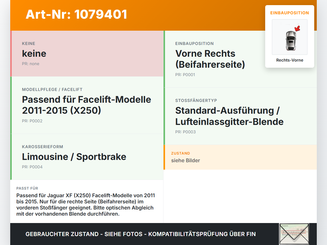 Jaguar XF X250 11-15 Blende Lufteinlassgitter für Stoßstange Rechts Vorne Jaguar XF X250 11-15 25.06.2012 gebraucht Vorschau 3