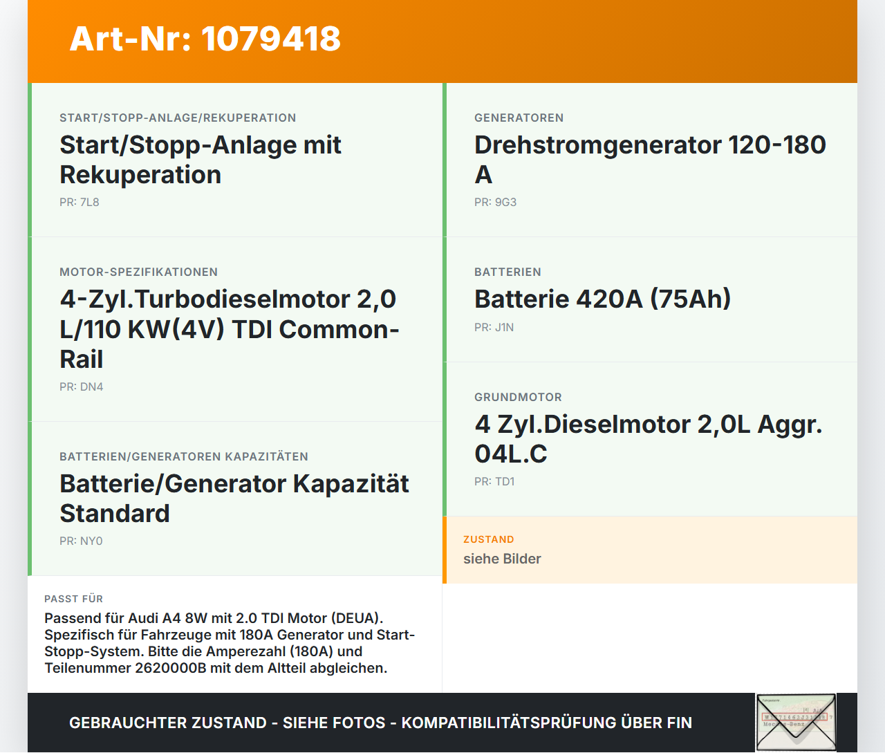 Audi A4 8W 15-19 TDI 2,0 110KW Lichtmaschine Generator 180A 14V Audi A4 8W 15-19 27.06.2016 04L903024A EG18S015... Vorschau 3