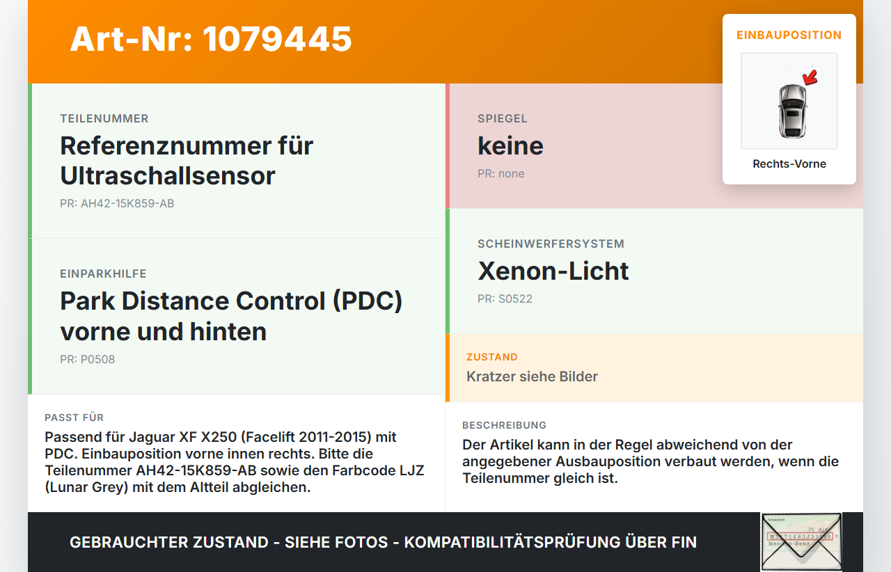Jaguar XF X250 11-15 Abstands Sensor Parksensor PDC Vorne Innen Rechts LJZ Jaguar XF X250 11-15 25.06.2012... Vorschau 3