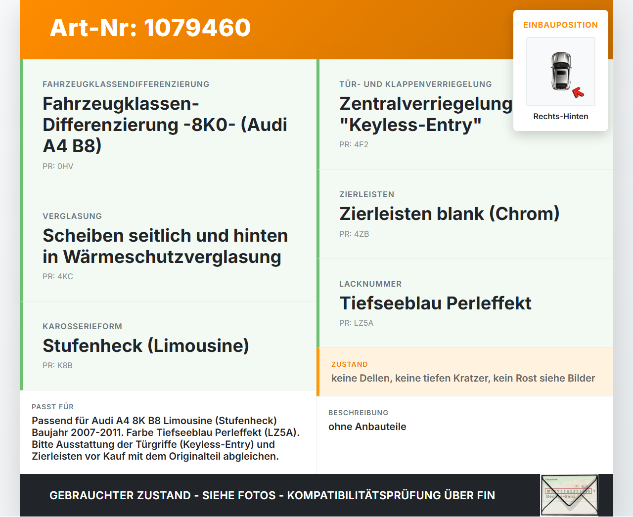 Audi A4 8K B8 07-11 Lim Tür Rechts Hinten LZ5A Audi A4 8K B8 07-11 26.10.2007 gebraucht Vorschau 3