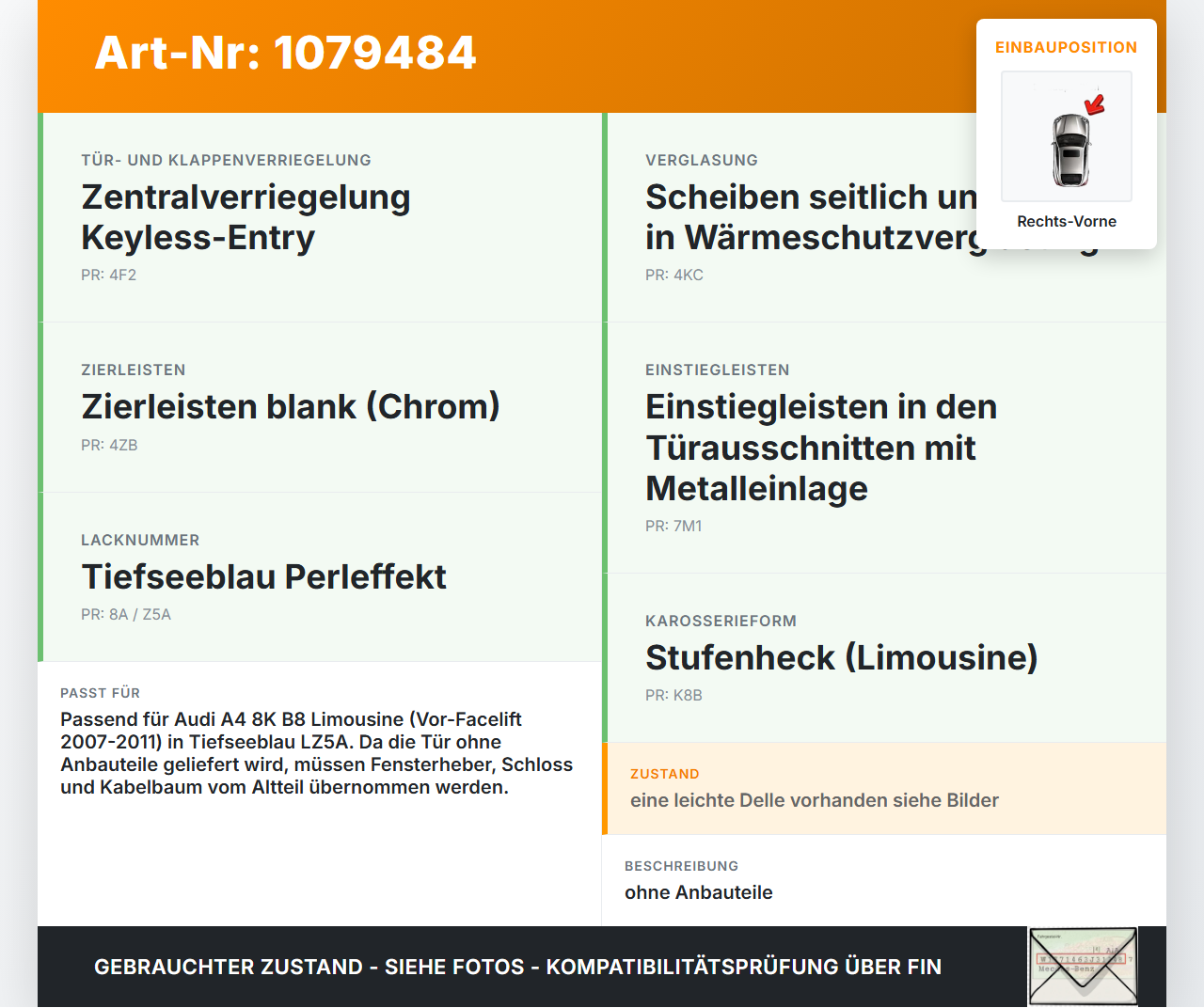 Audi A4 8K B8 07-11 Lim Tür Beifahrertür Rechts Vorne LZ5A Audi A4 8K B8 07-11 26.10.2007 gebraucht Vorschau 3