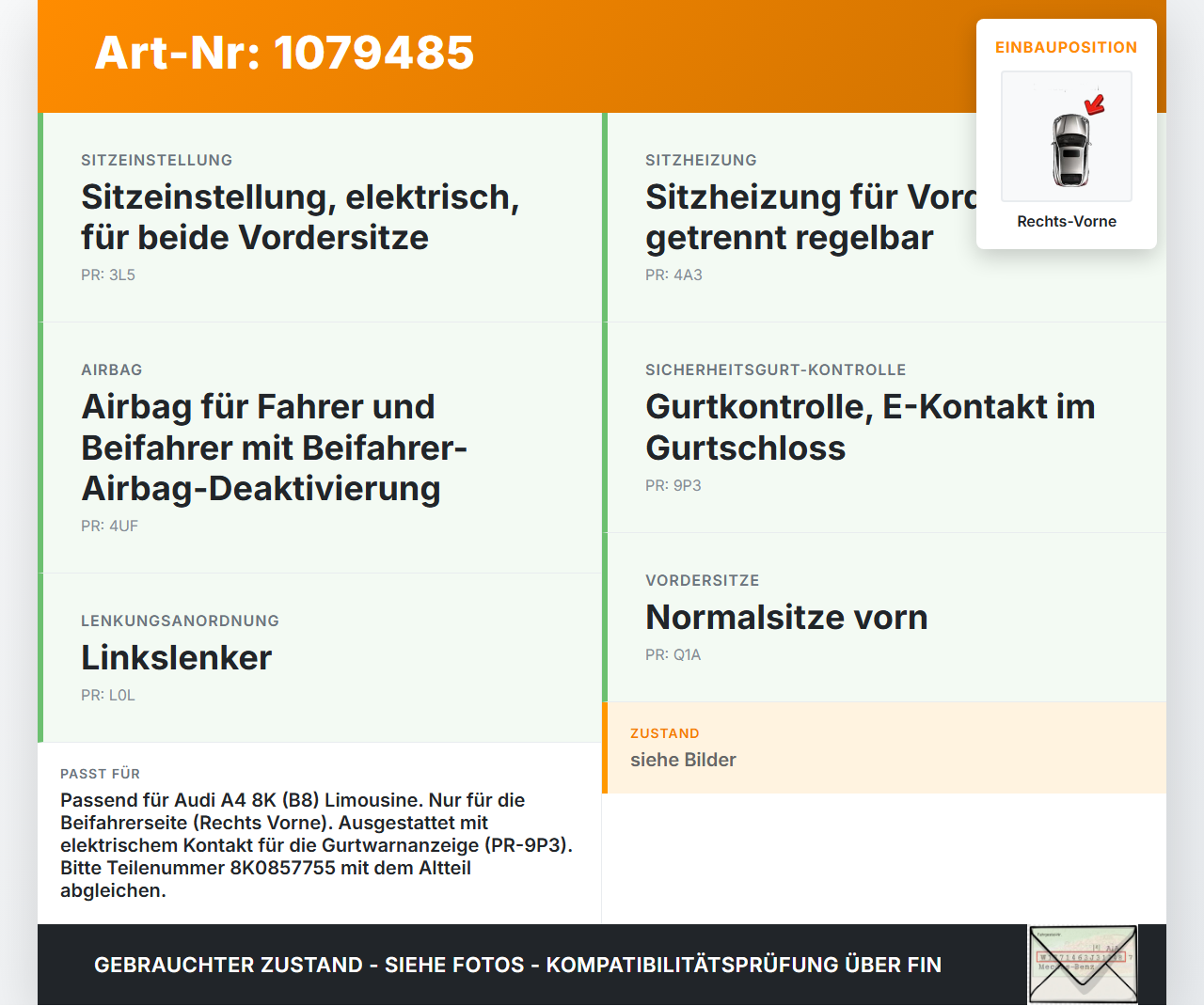 Audi A4 8K B8 07-11 Lim Gurtschloss Rechts Vorne Audi A4 8K B8 07-11 26.10.2007 8K0857755 8K085775501C gebraucht Vorschau 3