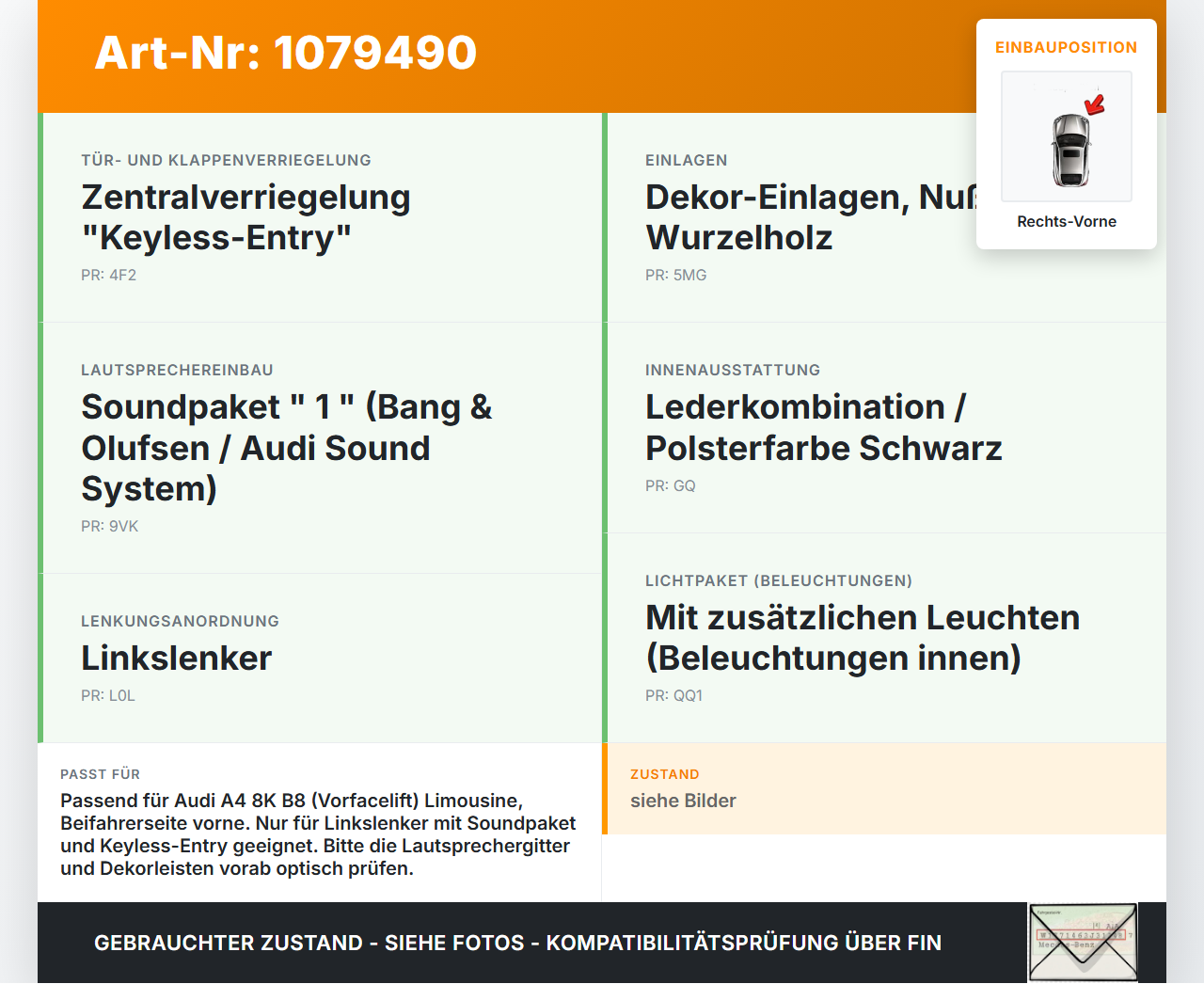 Audi A4 8K B8 07-11 Lim Türverkleidung Türpappe Rechts Vorne Audi A4 8K B8 07-11 26.10.2007 gebraucht Vorschau 3