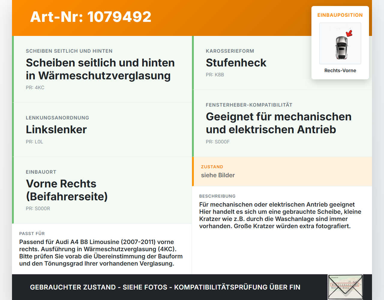 Audi A4 8K B8 07-11 Lim RVK Seitenscheibe für Tür Türscheibe Rechts Vorne Audi A4 8K B8 07-11 26.10.2007 gebraucht Vorschau 3