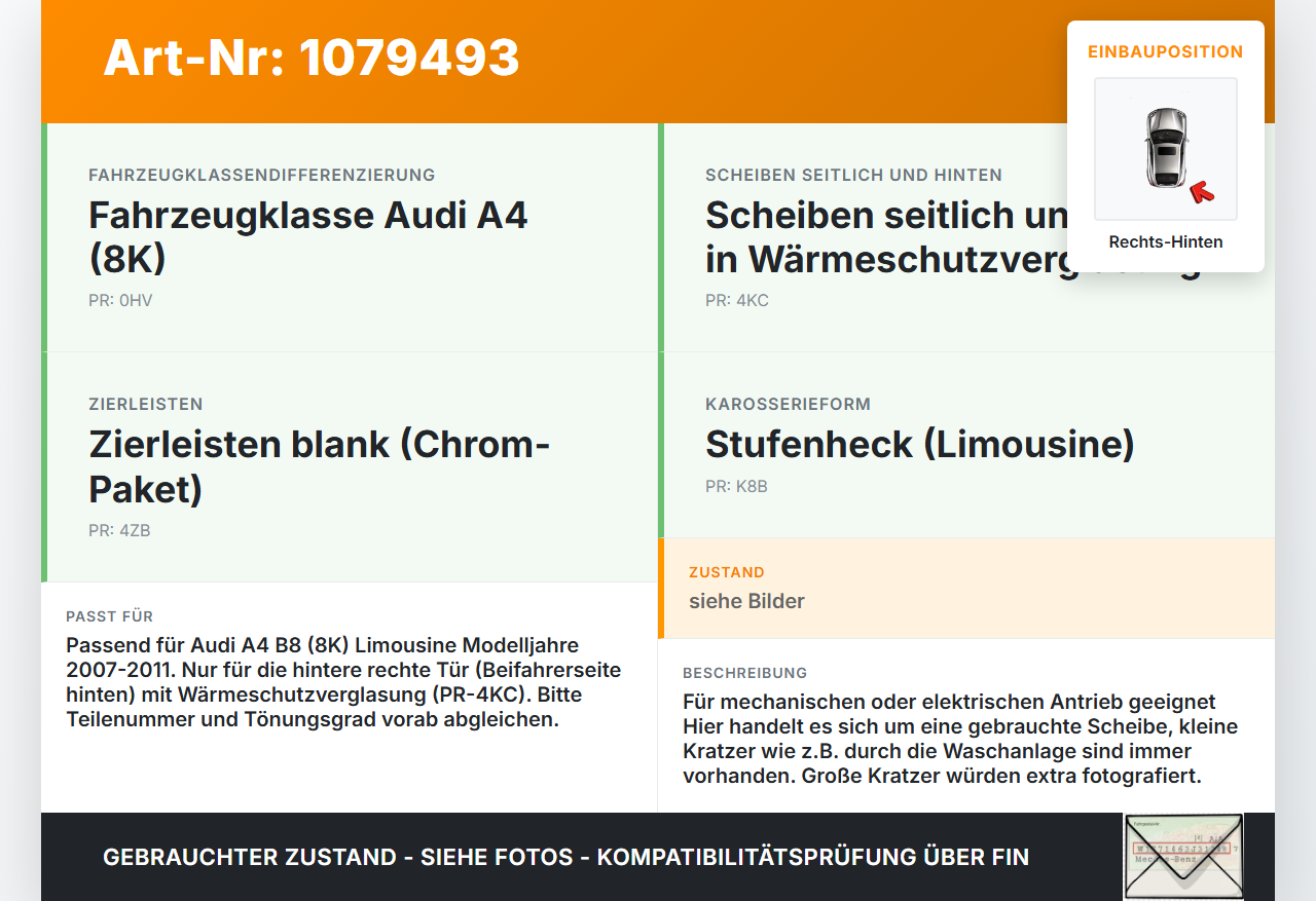 Audi A4 8K B8 07-11 Lim Seitenscheibe RHK Türscheibe Rechts Hinten Audi A4 8K B8 07-11 26.10.2007 gebraucht Vorschau 3