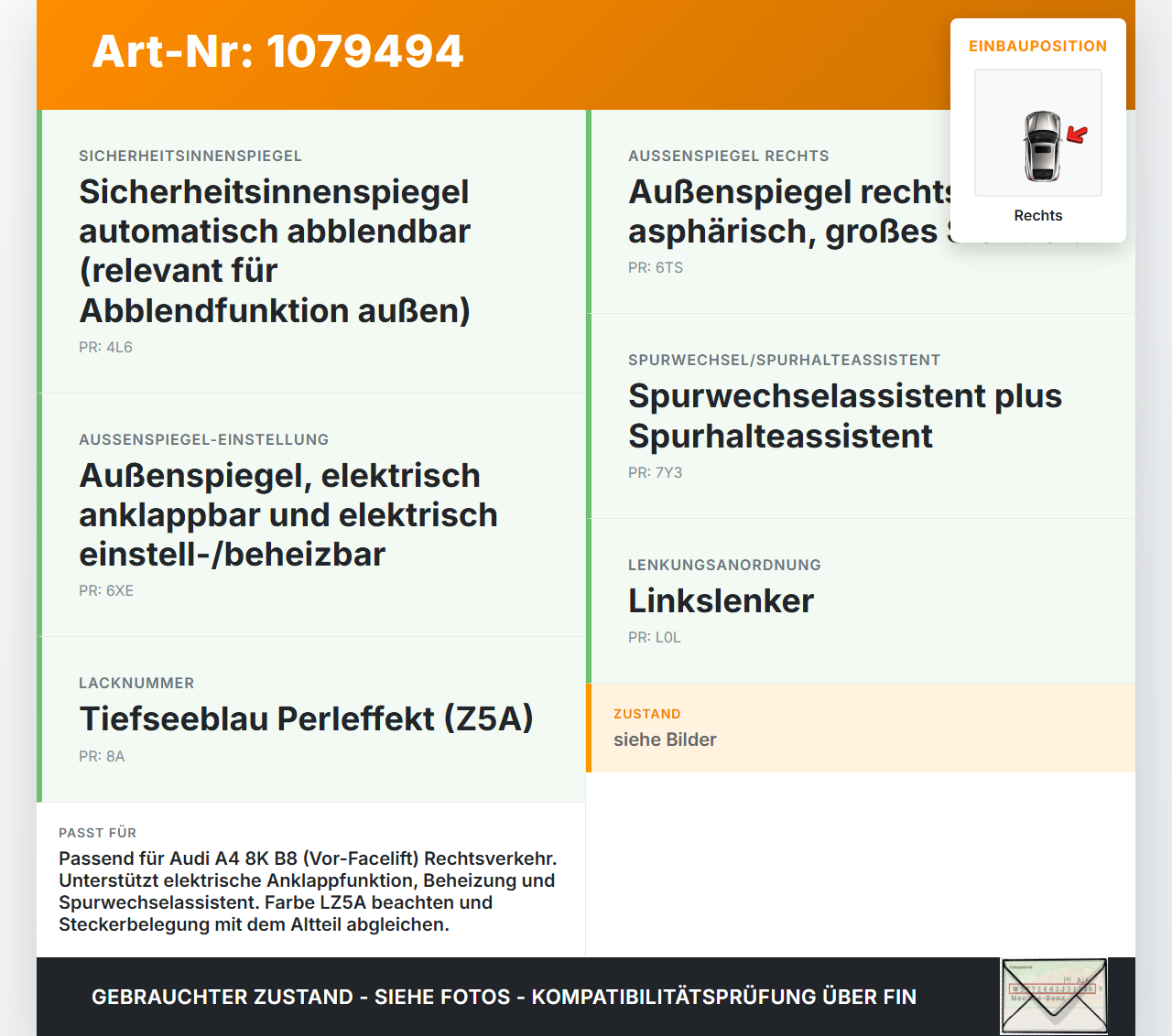 Audi A4 8K B8 07-11 Spiegel Aussenspiegel Rechts LZ5A Audi A4 8K B8 07-11 26.10.2007 gebraucht Vorschau 3