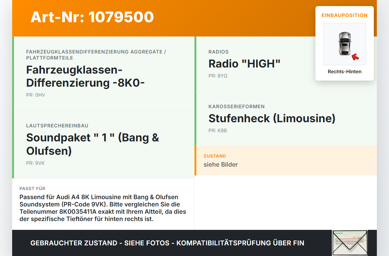 Audi A4 8K B8 07-11 Lim Lautsprecher Rechts Hinten Bang&Olufsen Mittel- und Tiefton Audi A4 8K B8 07-11 26.10.2007... Vorschau 3