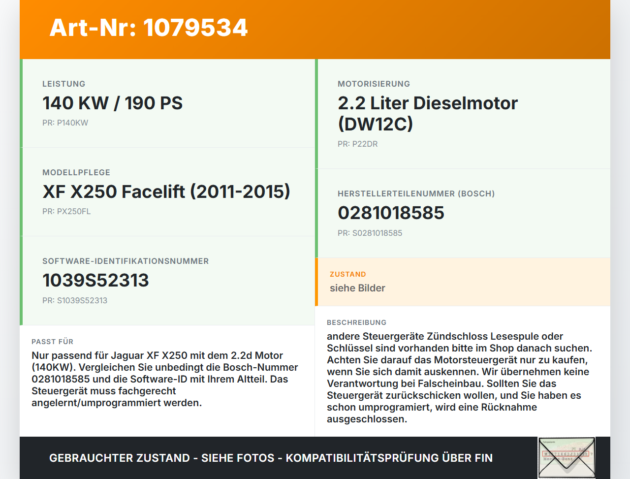 Jaguar XF X250 11-15 2,2d 140KW Steuergerät ECU für Motor Motorsteuergerät Jaguar XF X250 11-15 25.06.2012... Vorschau 3