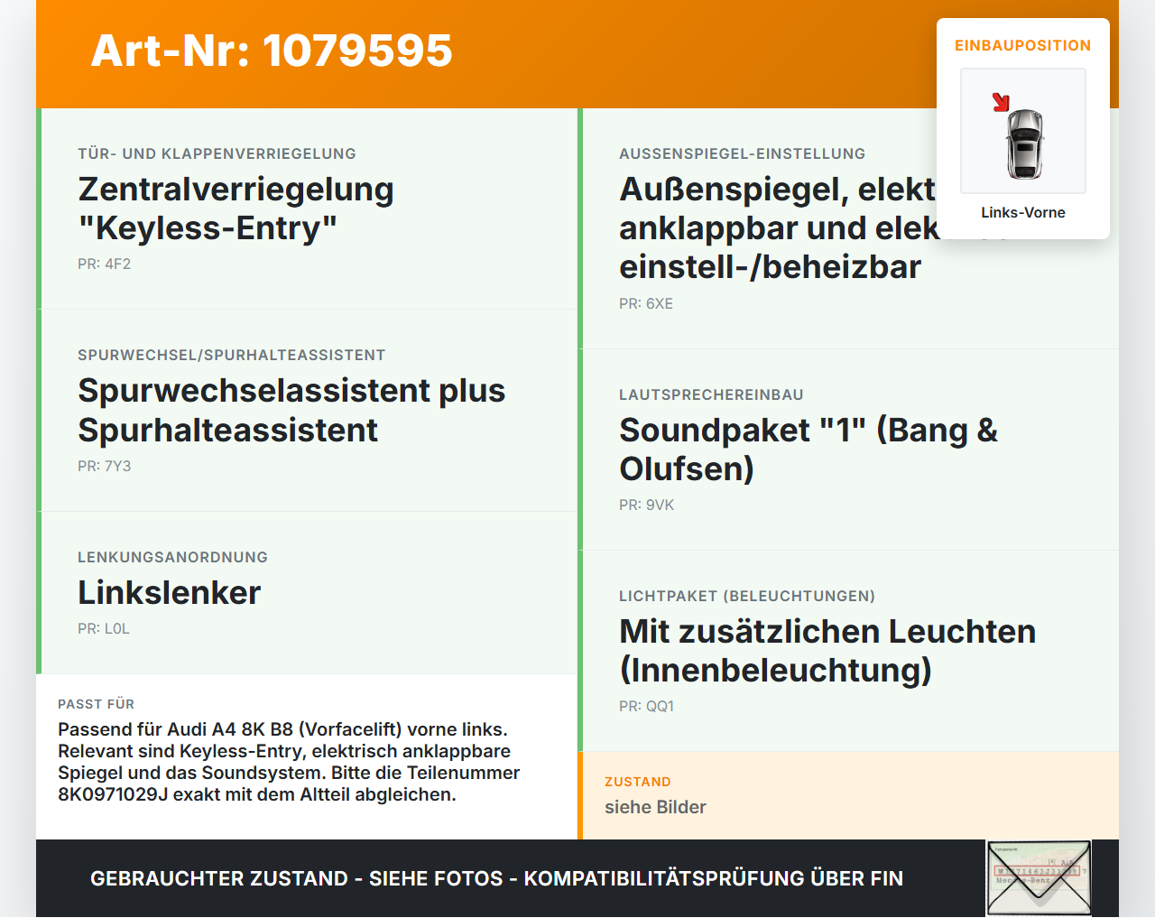 Audi A4 8K B8 07-11 Lim Kabelbaum Tür und Fensterheber Links Vorne Audi A4 8K B8 07-11 26.10.2007 8K0971029J gebraucht Vorschau 3