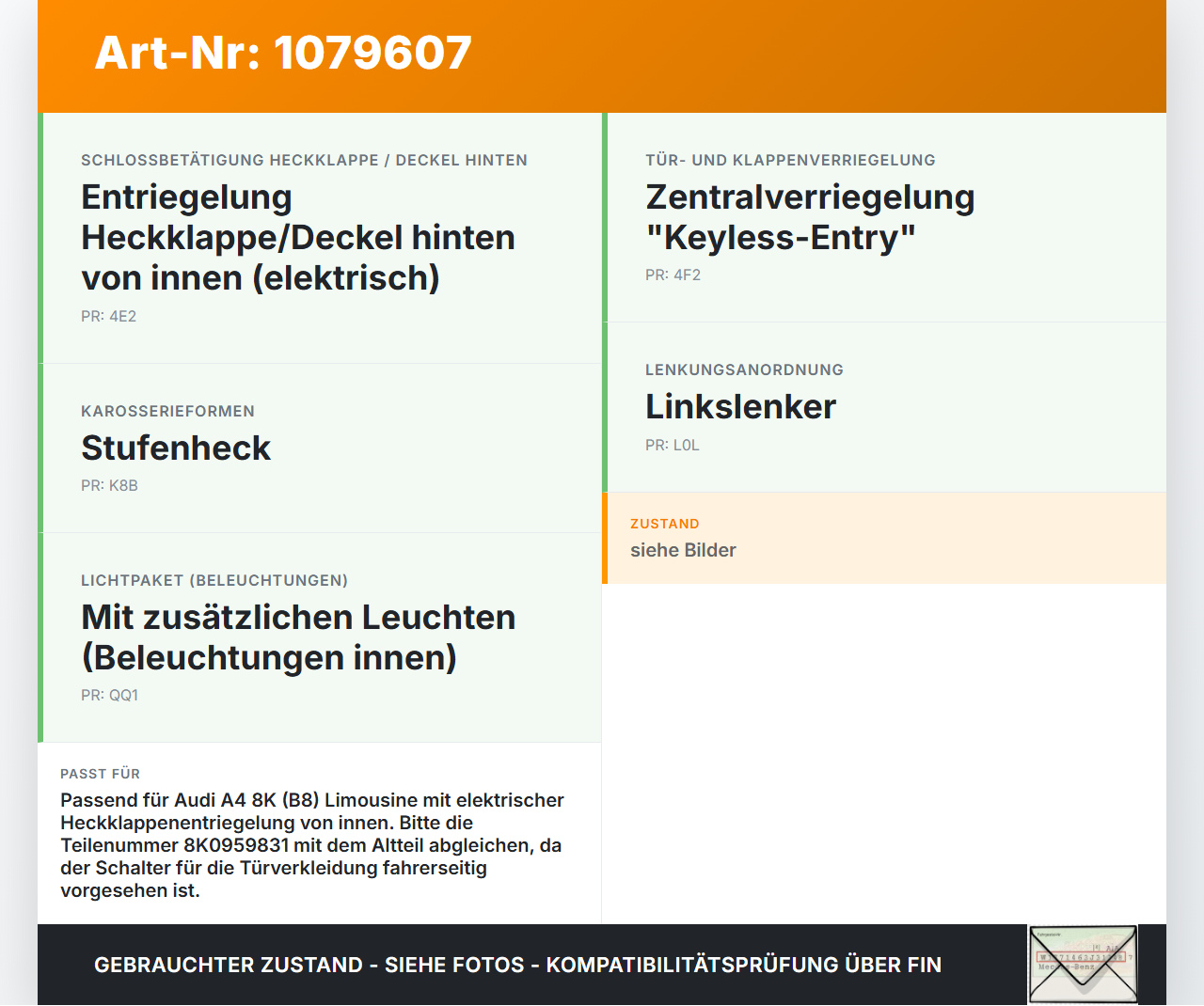 Audi A4 8K B8 07-11 Schalter Öffner für Heckklappe Audi A4 8K B8 07-11 26.10.2007 8K0959831 2687-04S gebraucht Vorschau 3