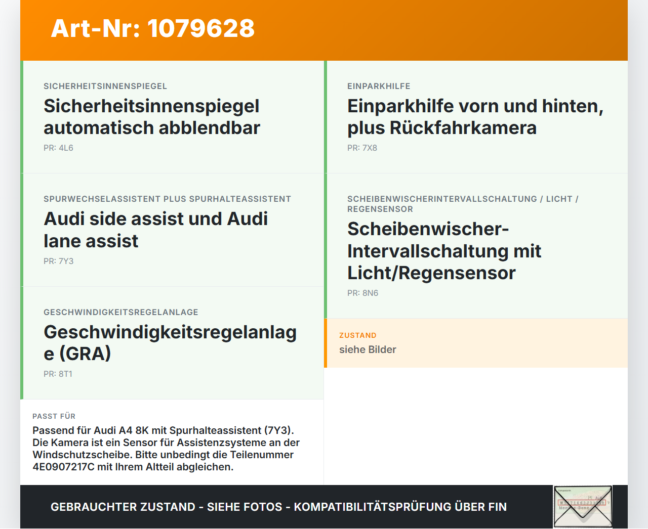 Audi A4 8K B8 07-11 TDI 2,7 140KW Kamera Frontkamera Sensor Audi A4 8K B8 07-11 26.10.2007 8K0907217A 4E0907217C... Vorschau 3