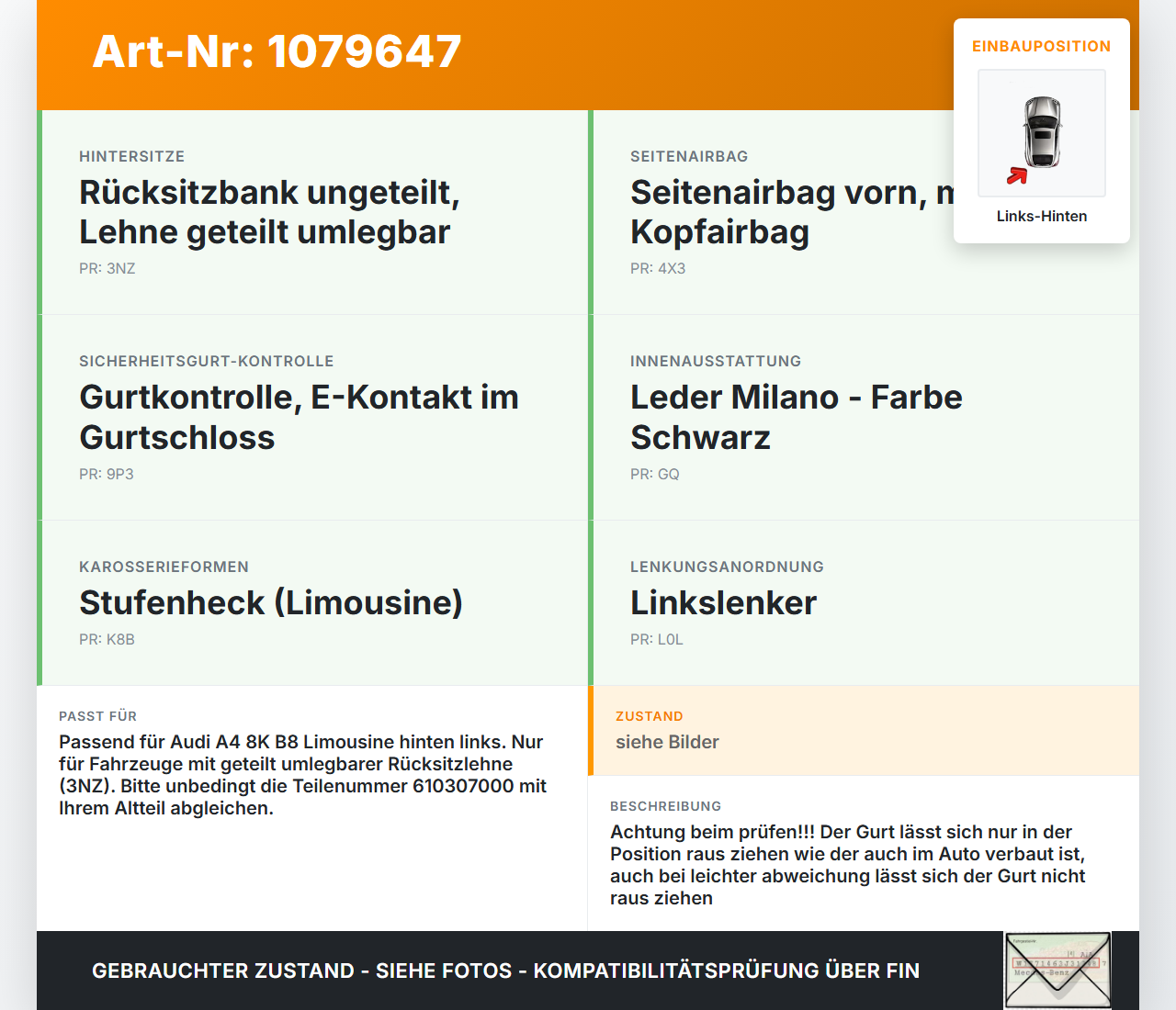 Audi A4 8K B8 07-11 Lim Gurt Sicherheitsgurt Links Hinten Audi A4 8K B8 07-11 26.10.2007 610307000 000-090H gebraucht Vorschau 3
