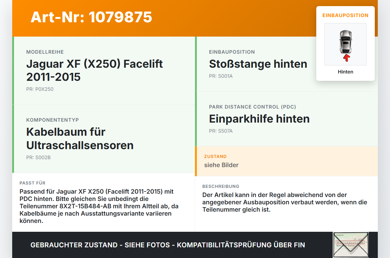 Jaguar XF X250 11-15 Kabelbaum Leitungssatz PDC Parksensor Stoßstange Hinten Jaguar XF X250 11-15 25.06.2012... Vorschau 3