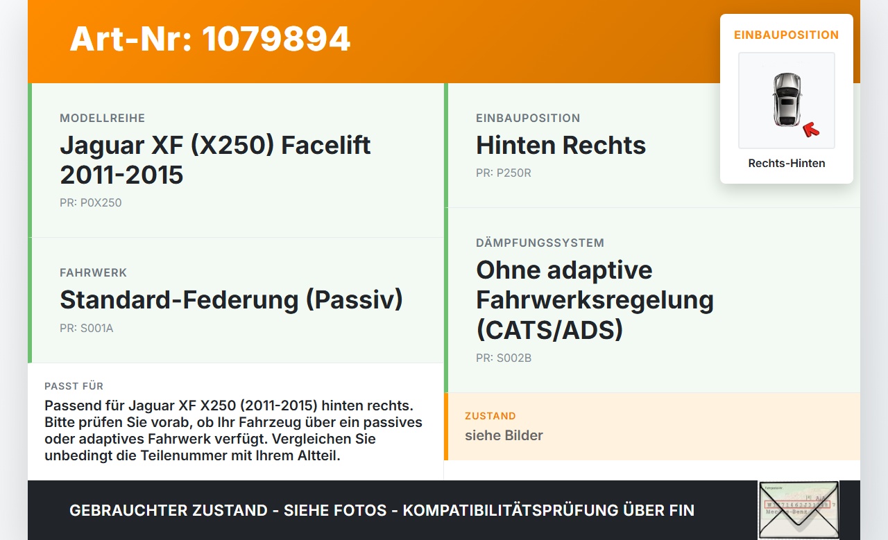 Jaguar XF X250 11-15 Lim Federbein Stossdämpfer Stossdämpferfeder Rechts Hinten Jaguar XF X250 11-15 25.06.2012... Vorschau 3