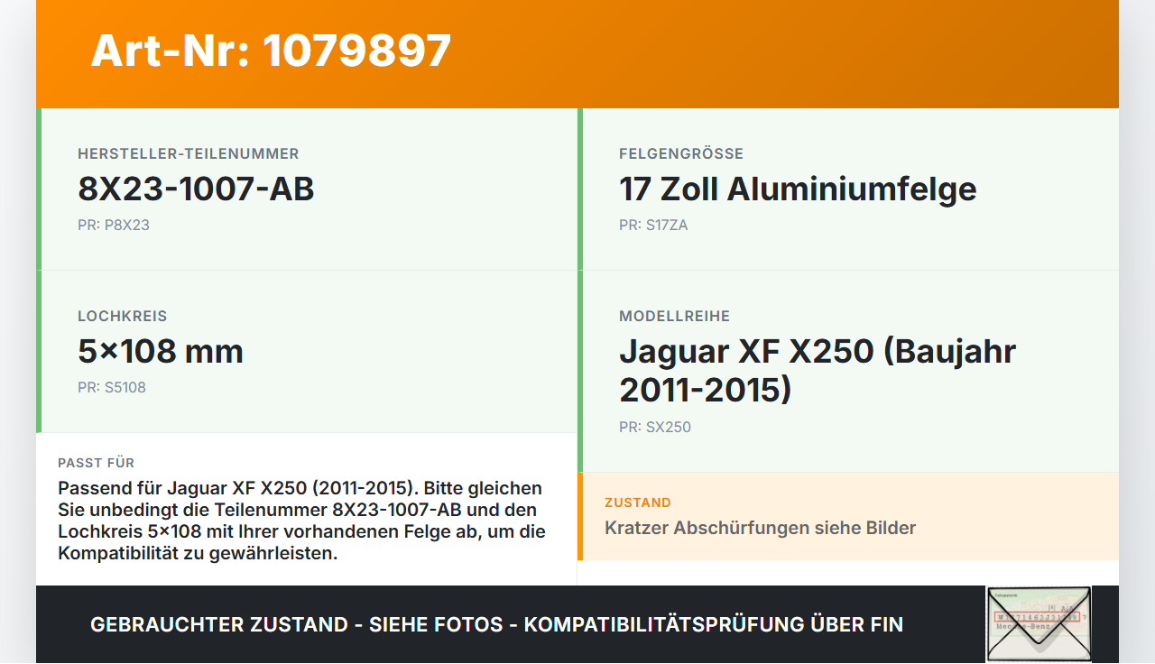 Jaguar XF X250 11-15 1 x Felge Aluminiumfelge 17 Zoll 5X108 Jaguar XF X250 11-15 25.06.2012 8X23-1007-AB gebraucht Vorschau 3