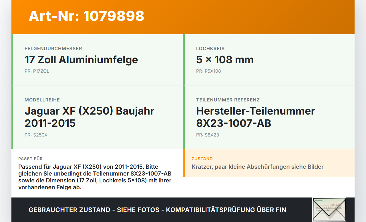 Jaguar XF X250 11-15 1 x Felge Aluminiumfelge 17 Zoll 5X108 Jaguar XF X250 11-15 25.06.2012 8X23-1007-AB gebraucht Vorschau 3