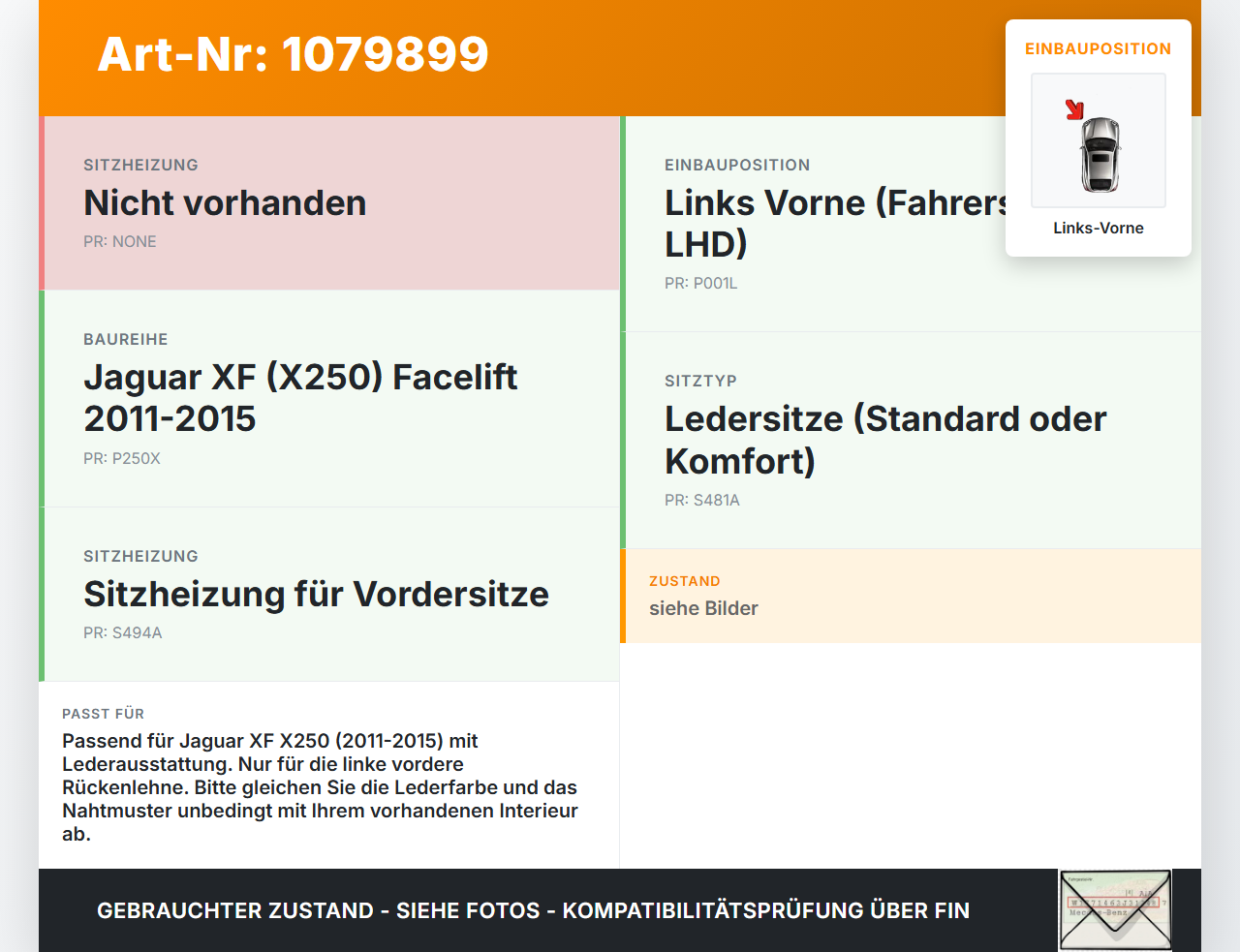 Jaguar XF X250 11-15 Lim Leder Sitzbezug Rückenpolster Sitzlehne Leder Links Vorne Jaguar XF X250 11-15 25.06.2012... Vorschau 3