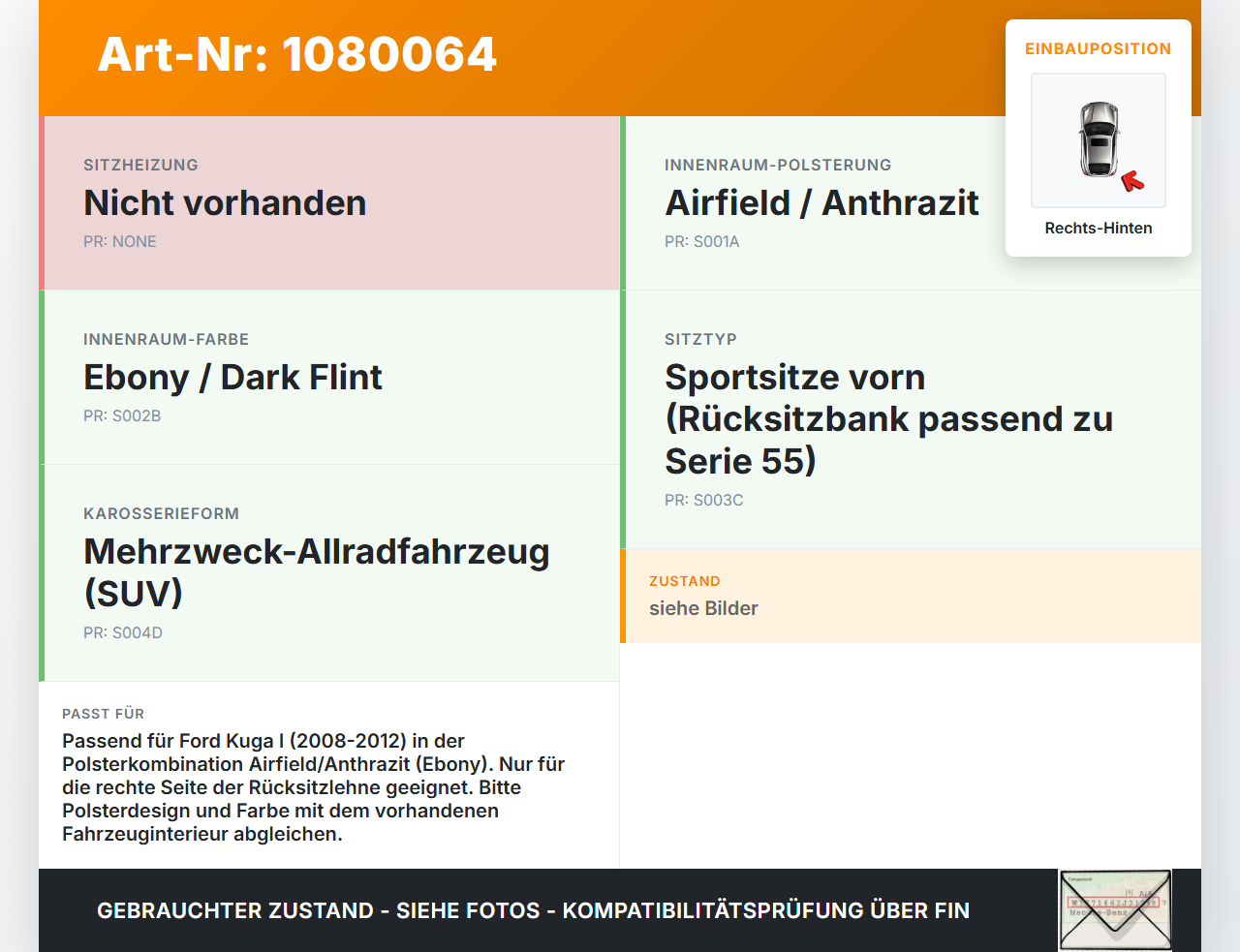 Ford Kuga I 08-12 Sitzbezug Rückenpolster Rechts für Rücksitzbank Hinten Ford Kuga I 08-12 09.06.2010 gebraucht Vorschau 3