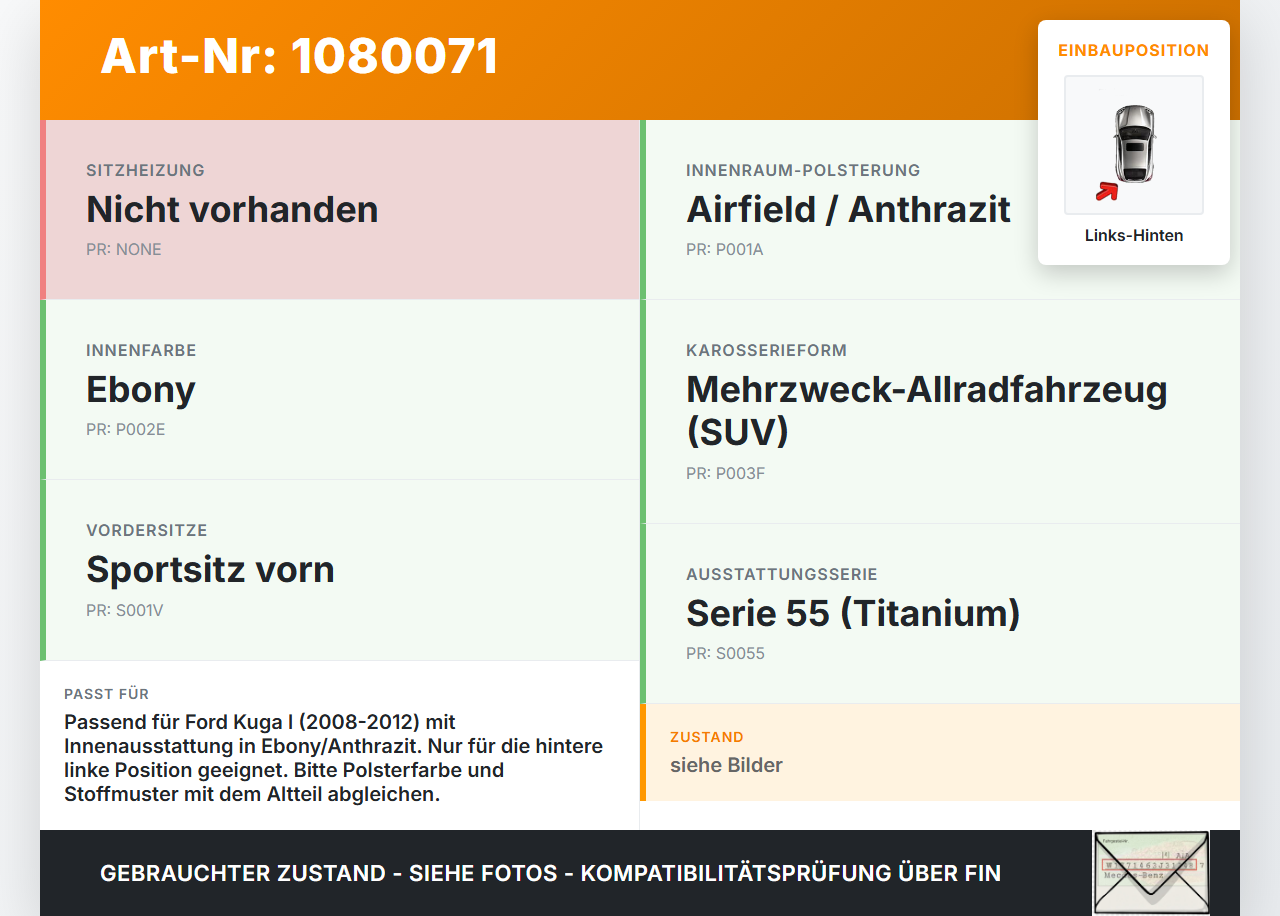Ford Kuga I 08-12 Kopfstütze Nackenstütze Polster Stoff Schwarz Links Hinten Ford Kuga I 08-12 09.06.2010 gebraucht Vorschau 3