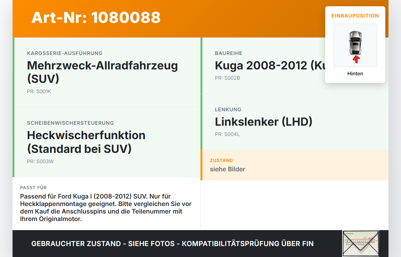 Ford Kuga I 08-12 Heckwischermotor Wischermotor Scheibenwischermotor Hinten Ford Kuga I 08-12 09.06.2010 gebraucht Vorschau 3