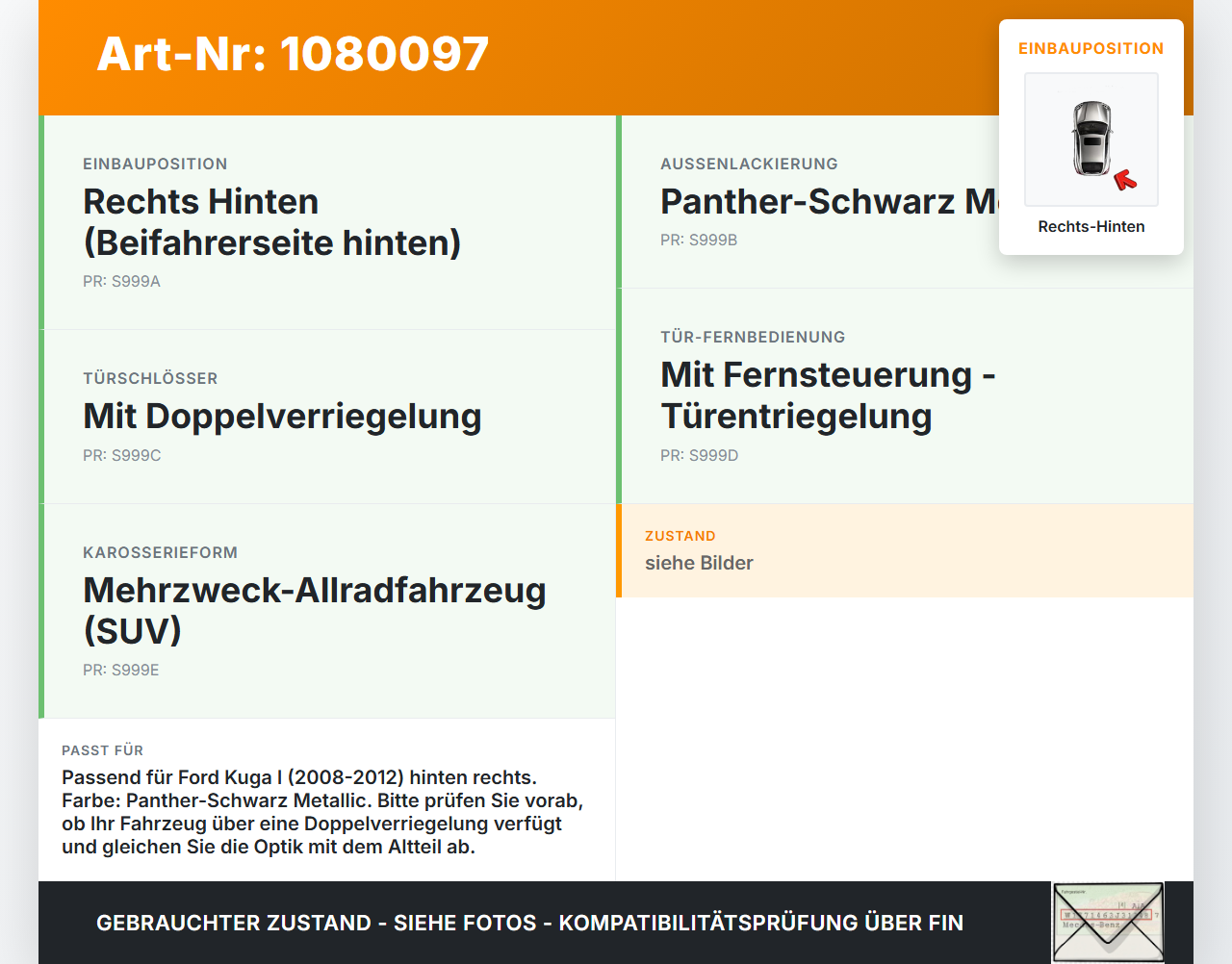Ford Kuga I 08-12 Türgriff Griff aussen Rechts Hinten F8 Ford Kuga I 08-12 09.06.2010 gebraucht Vorschau 3