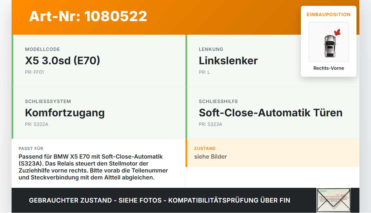 BMW X5 E70 07-10 Relais Stellmotor für Elektr. Zuziehhilfe Rechts Vorne BMW X5 E70 07-10 01.10.2008 gebraucht Vorschau 3