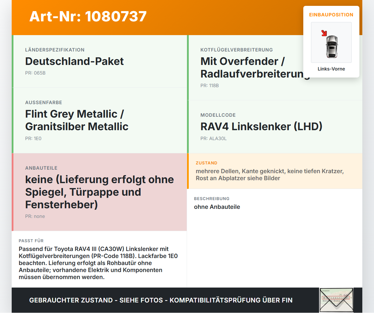 Toyota RAV4 III CA30W 06-13 Tür Fahrertür Links Vorne 1E0 Toyota RAV4 III CA30W 06-13 13.11.2006 gebraucht Vorschau 3