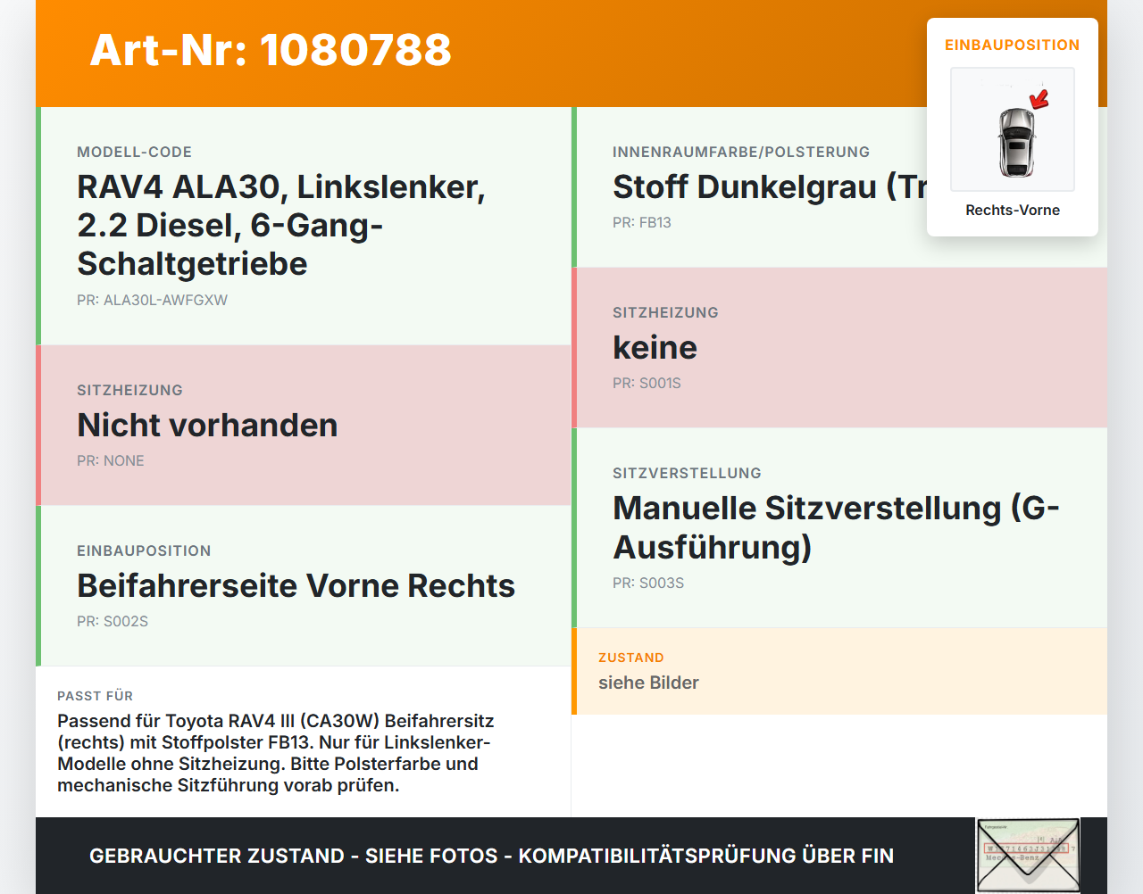 Toyota RAV4 III CA30W 06-13 Sitzpolster für Beifahrersitz Rechts Vorne Toyota RAV4 III CA30W 06-13 13.11.2006 gebraucht Vorschau 3