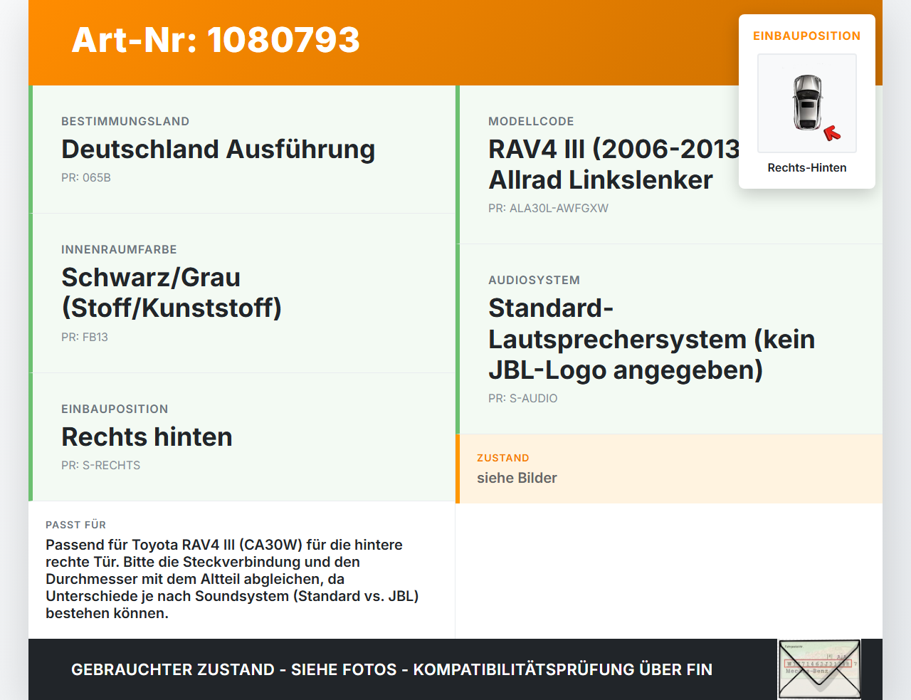 Toyota RAV4 III CA30W 06-13 Lautsprecher Rechts Hinten Toyota RAV4 III CA30W 06-13 13.11.2006 gebraucht Vorschau 3