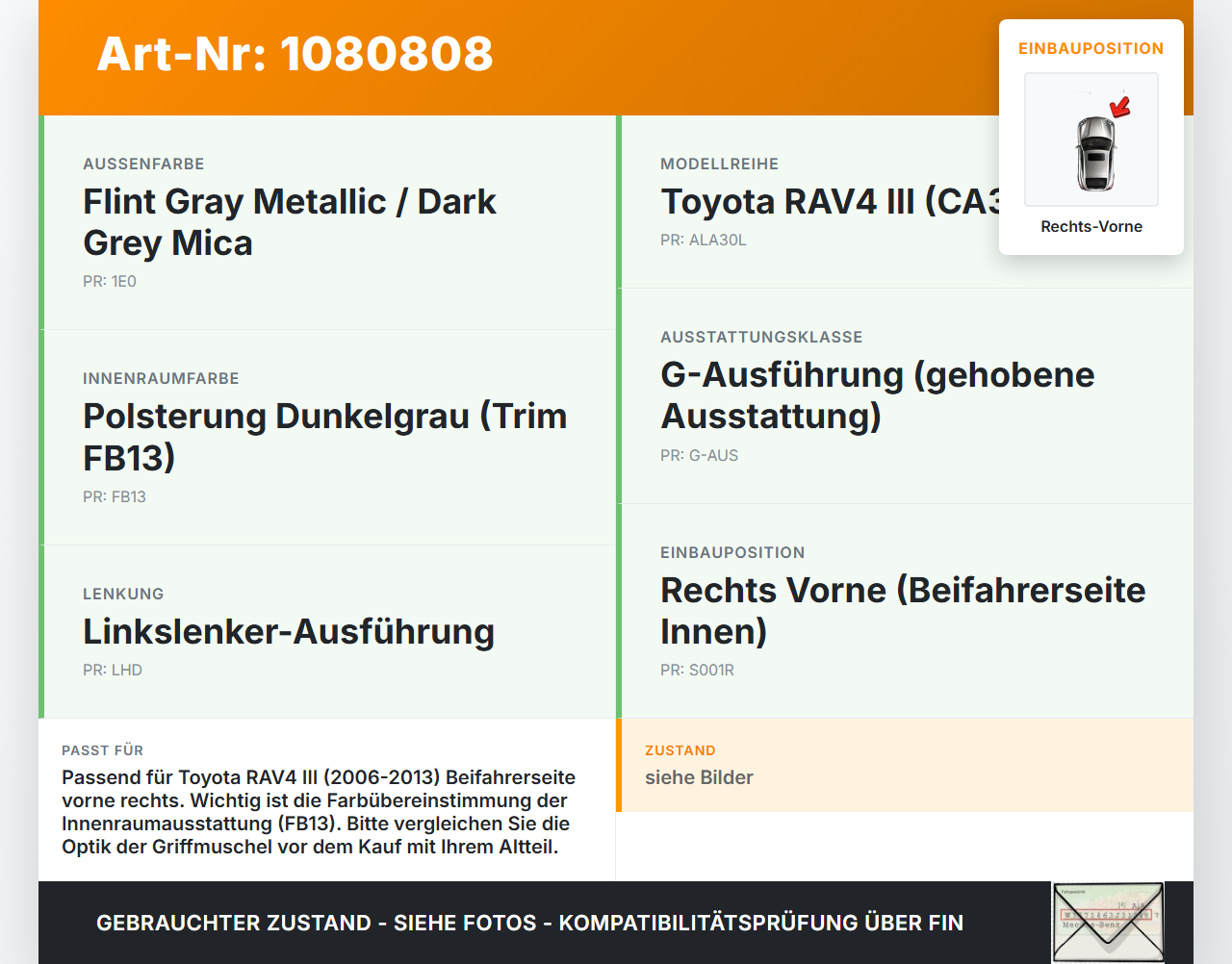 Toyota RAV4 III CA30W 06-13 Türgriff Griffmuschel Griff Innen Rechts Vorne Toyota RAV4 III CA30W 06-13 13.11.2006... Vorschau 3