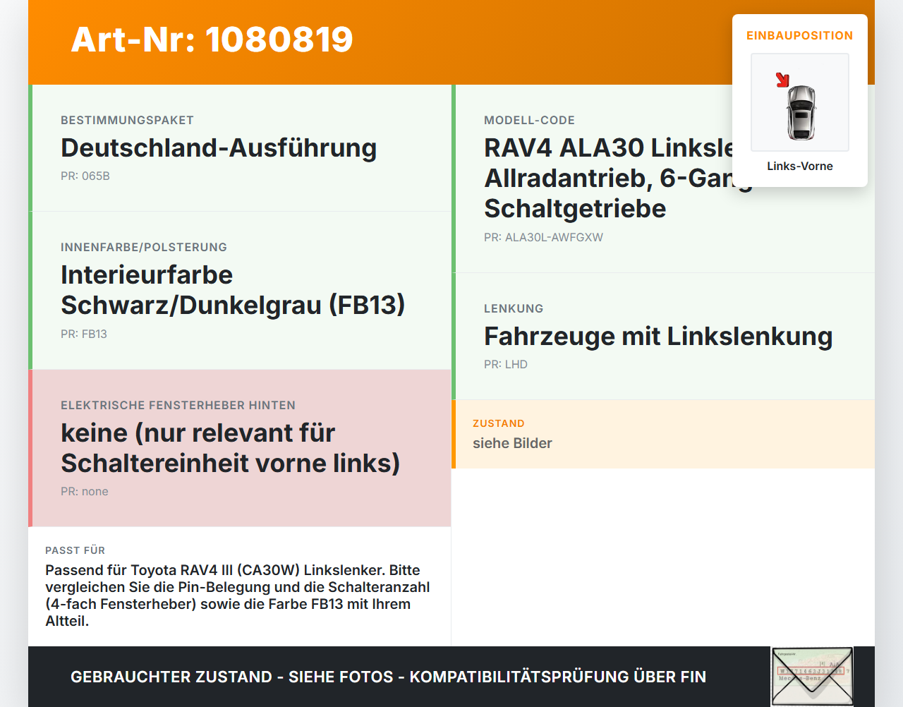 Toyota RAV4 III CA30W 06-13 Fensterheberschalter Schalter Links Vorne Toyota RAV4 III CA30W 06-13 13.11.2006 gebraucht Vorschau 3