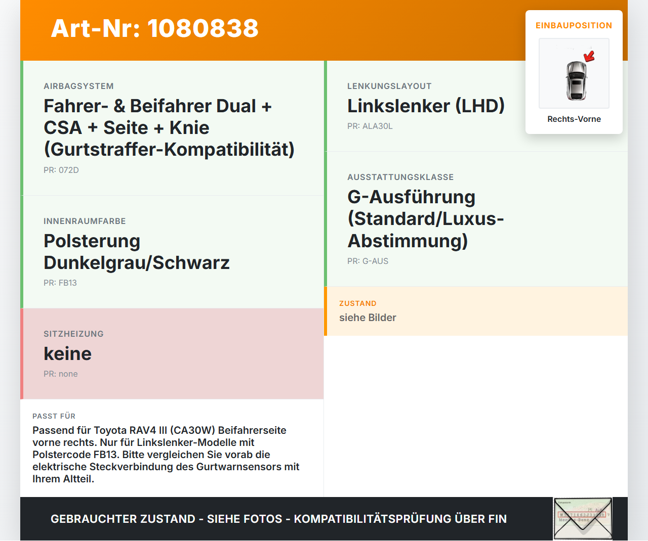 Toyota RAV4 III CA30W 06-13 Gurtschloss Rechts Vorne Toyota RAV4 III CA30W 06-13 13.11.2006 E034501 gebraucht Vorschau 3